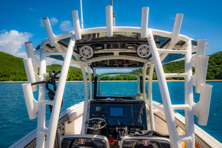 The helm of Seas the Day Charters USVI M/V Aquarius