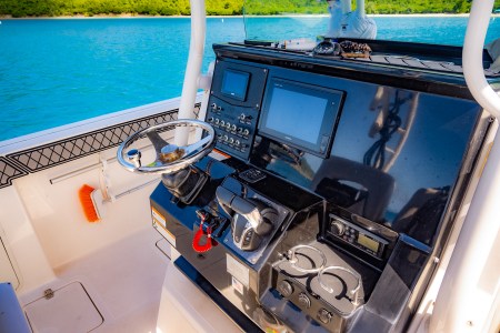 The helm of Seas the Day Charters USVI M/V Aquarius