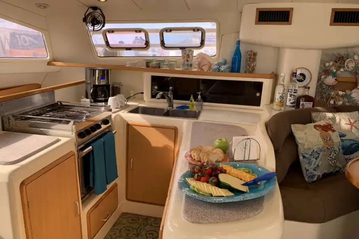 a kitchen with a cake on a table