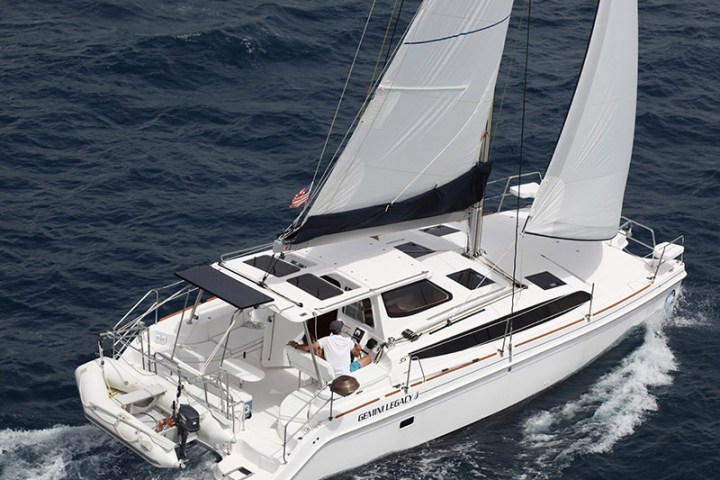 Seas the Day USVI private charter boat, SY Mazu, a Gemini Legacy 3500, sailing in the water