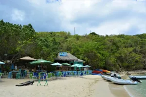 a group of people sitting at a beach