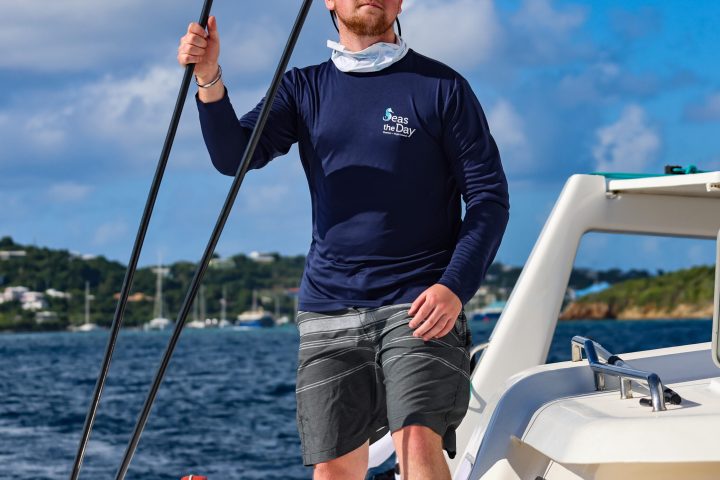 First Mate Henry on watch of Seas the Day Charters USVI S/Y Leviathan, a private charter boat departing from St. Thomas in the USVI