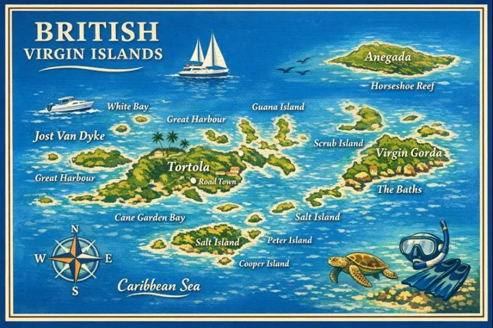 Illustrated map of the British Virgin Islands with landmarks like Tortola and Virgin Gorda, featuring boats and a turtle.