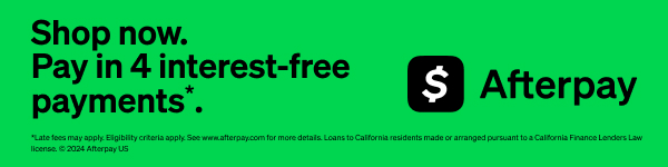 Ad banner for Afterpay offering 'Shop now. Pay in 4 interest-free payments' on a green background.