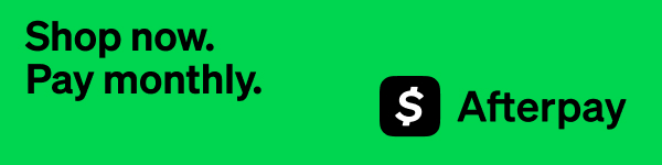 Green background with text: 'Shop now. Pay monthly.' and Afterpay logo in black square.