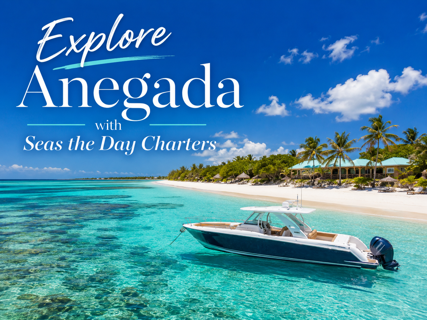 Tropical beach with turquoise water, boat, palm trees, and text: 'Explore Anegada with Seas the Day Charters.'