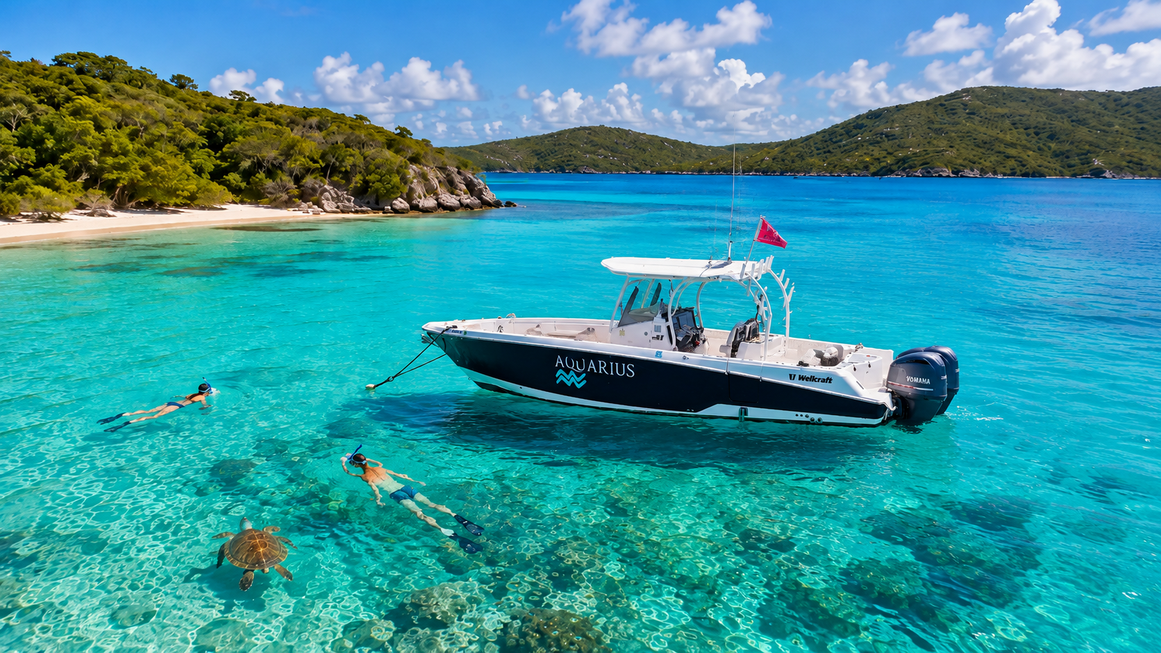 People snorkeling near a boat in clear blue water with an island in the background.